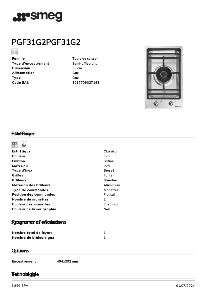 Page 1 of the manual Technical Sheet Smeg PGF31G2