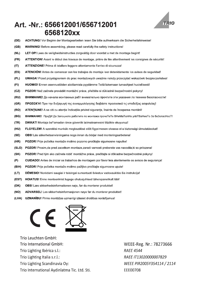 Page 1 of the manual User Manual Trio Lighting Milano 656712001