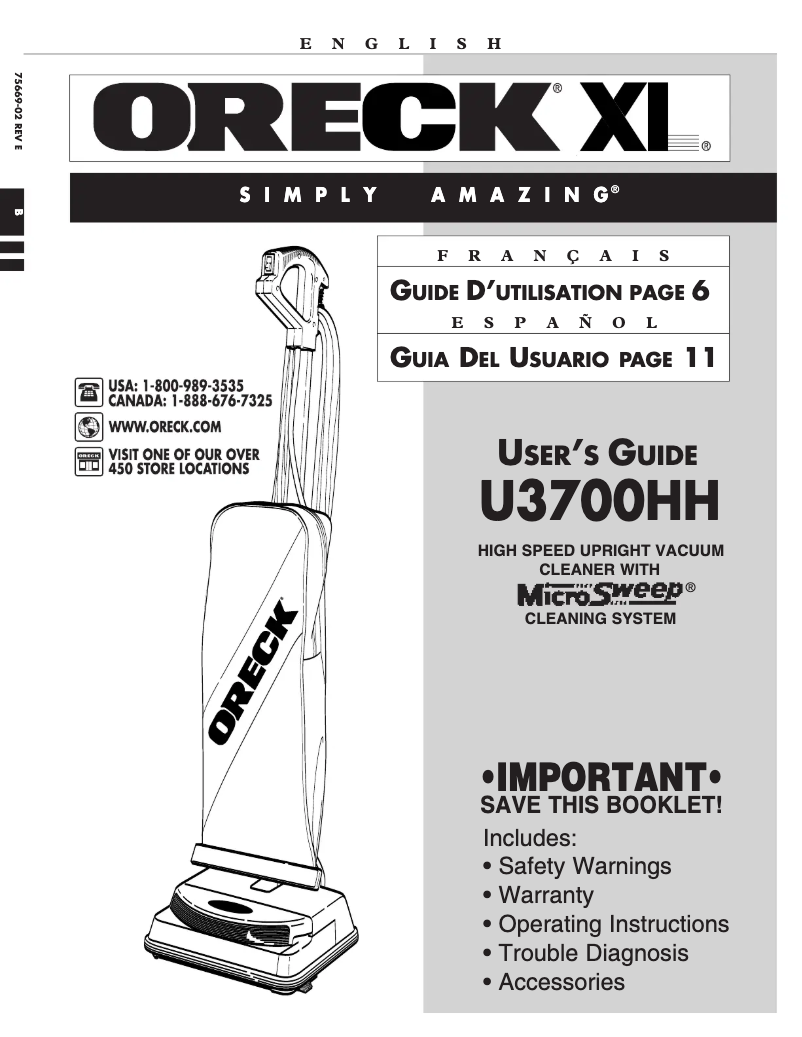 Page 1 of the manual User Manual Oreck XL Deluxe U3700