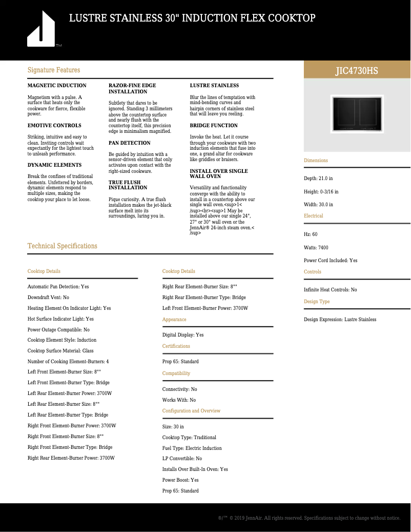 Page 1 of the manual Technical Sheet JennAir JIC4730HS