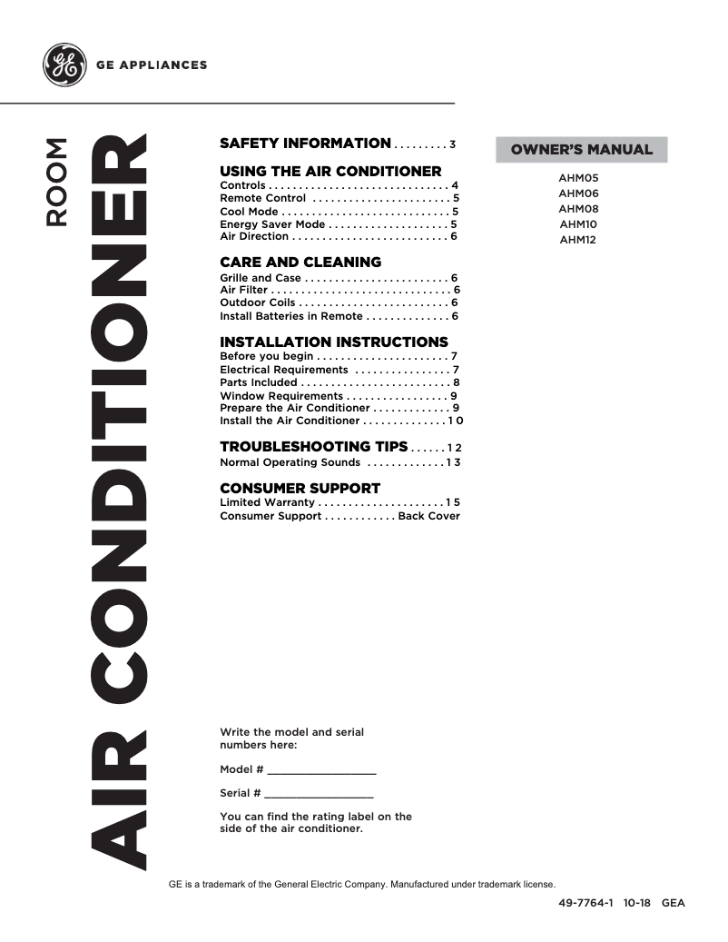 First page image of the manual for AHM05LY