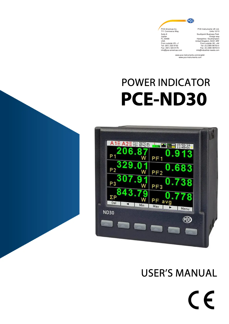 Page 1 of the manual User Manual PCE Instruments PCE-ND30