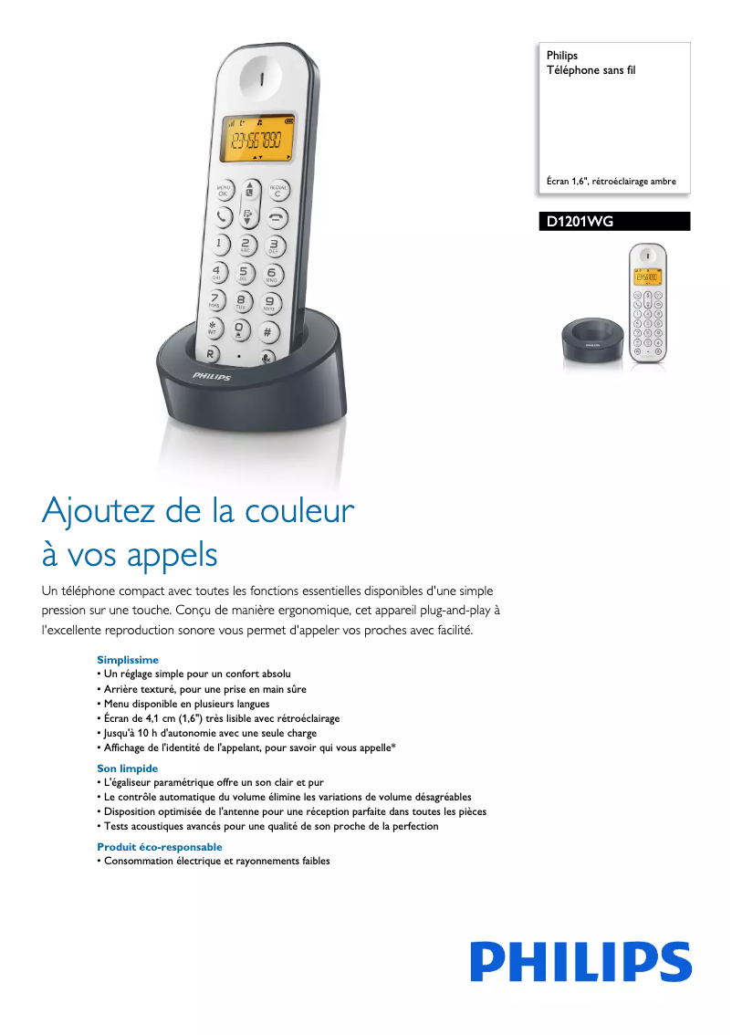 Page 1 of the manual Technical Sheet Philips D1201WG