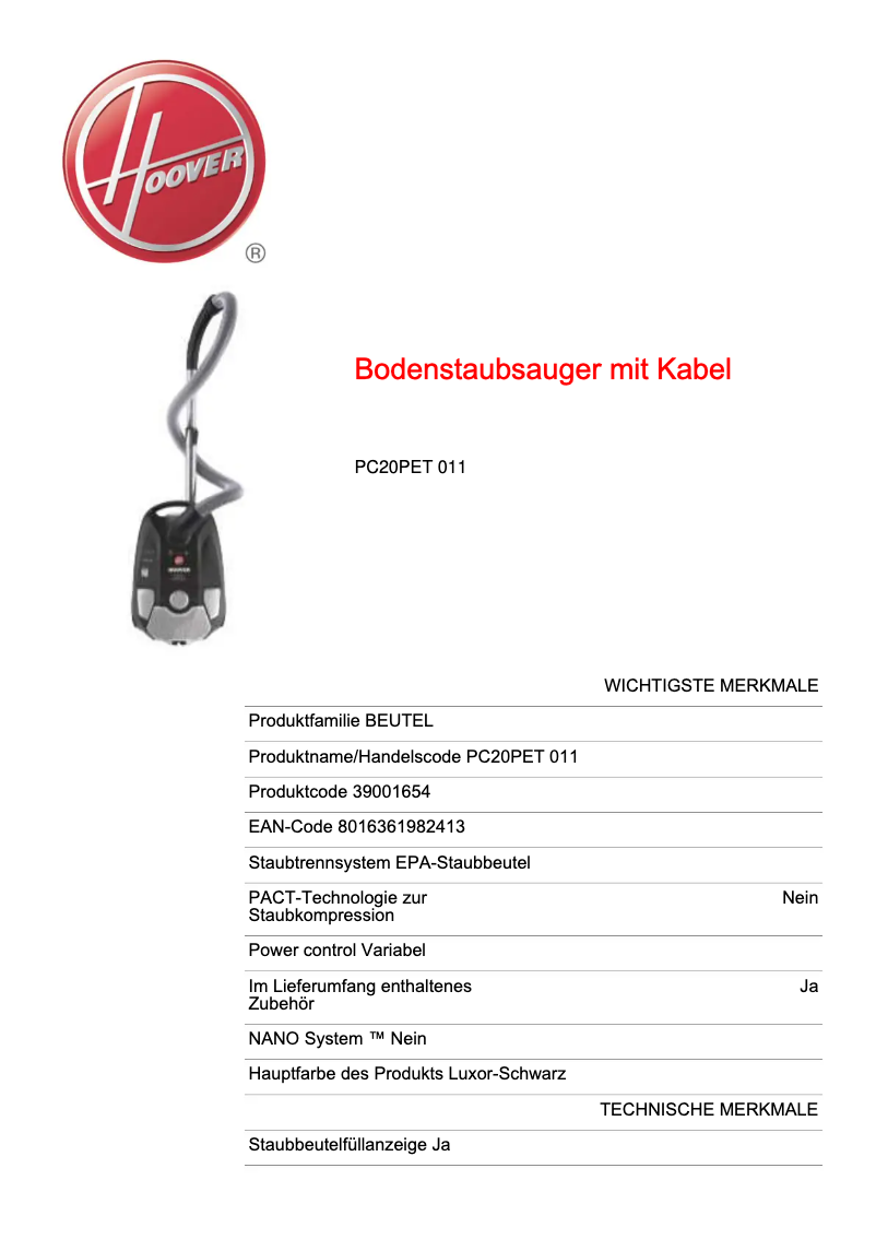 First page image of the manual for PC20PET 011