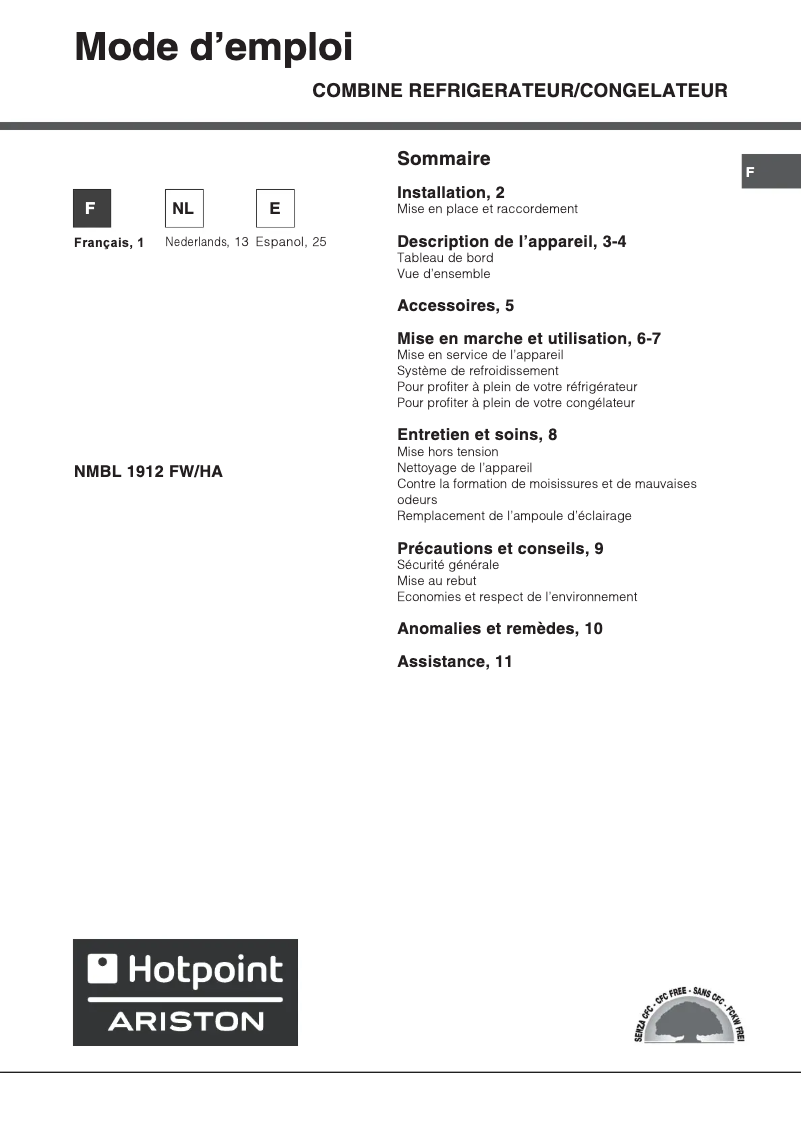 First page image of the manual for NMBL 1912 FW/HA