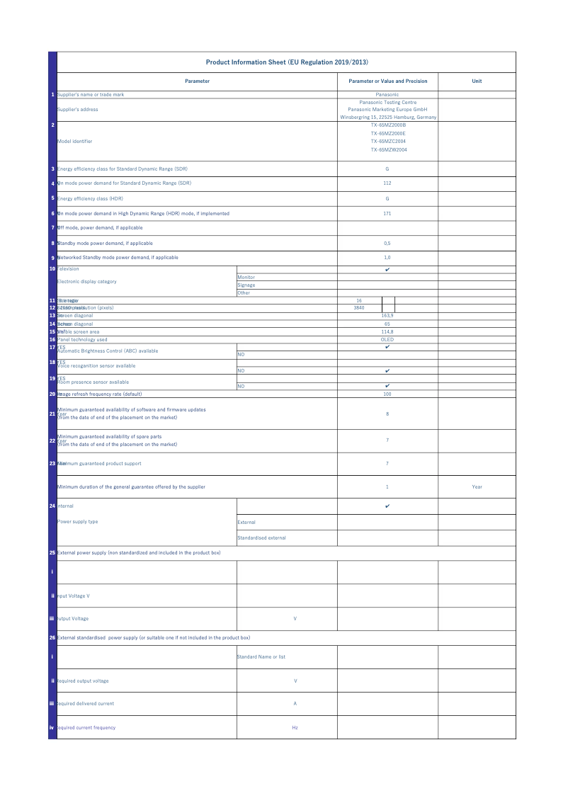 Page 1 of the manual Technical Sheet Panasonic TX-65MZ2000E