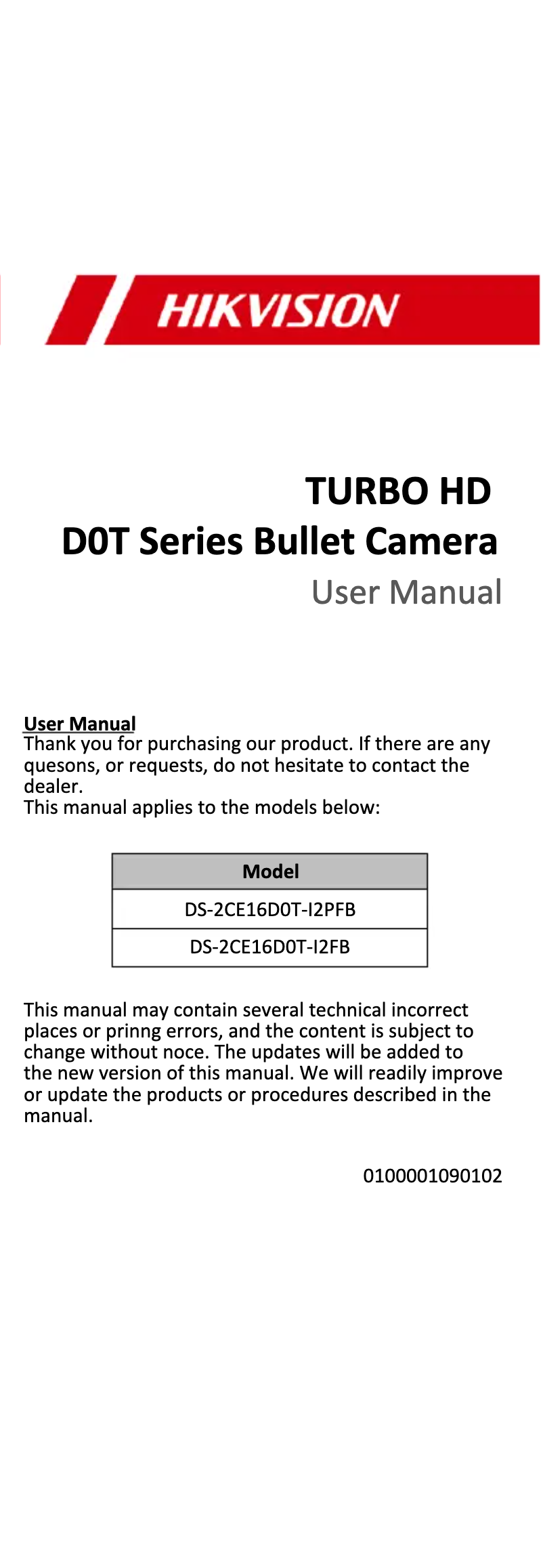 First page image of the manual for DS-2CE16D0T-I2PFB