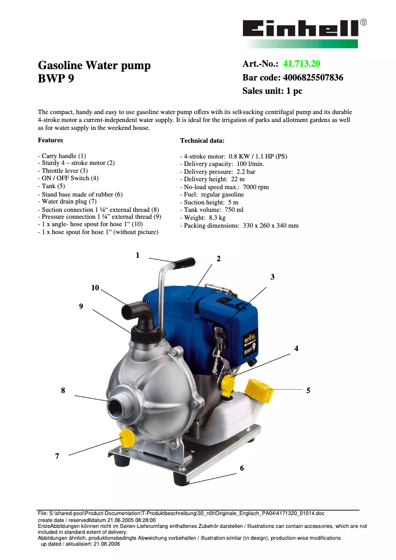 Page 1 of the manual User Manual Einhell Royal BWP 9