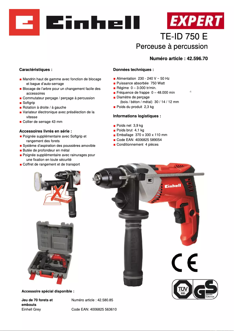 Page 1 of the manual Technical Sheet Einhell TE-ID 750 E