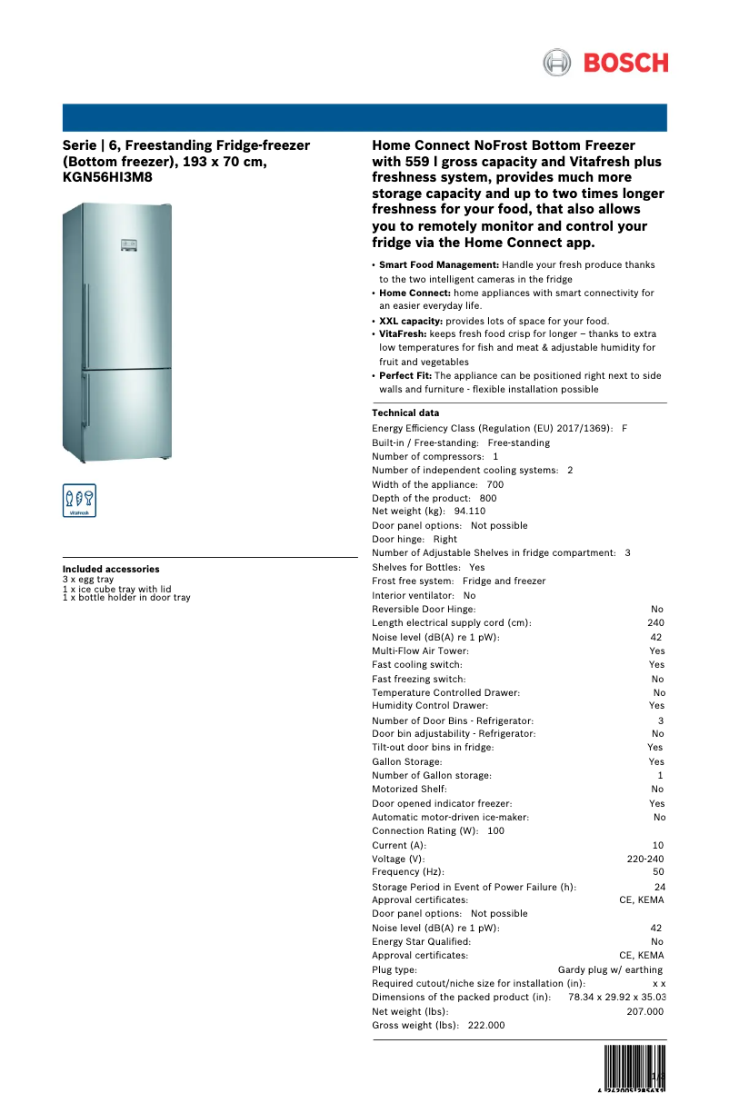 Page 1 of the manual Technical Sheet Bosch KGN56HI3M8