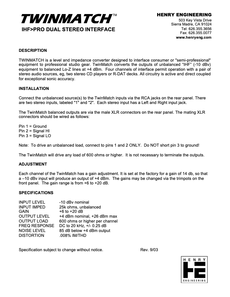 Page 1 of the manual User Manual Henry Engineering TwinMatch