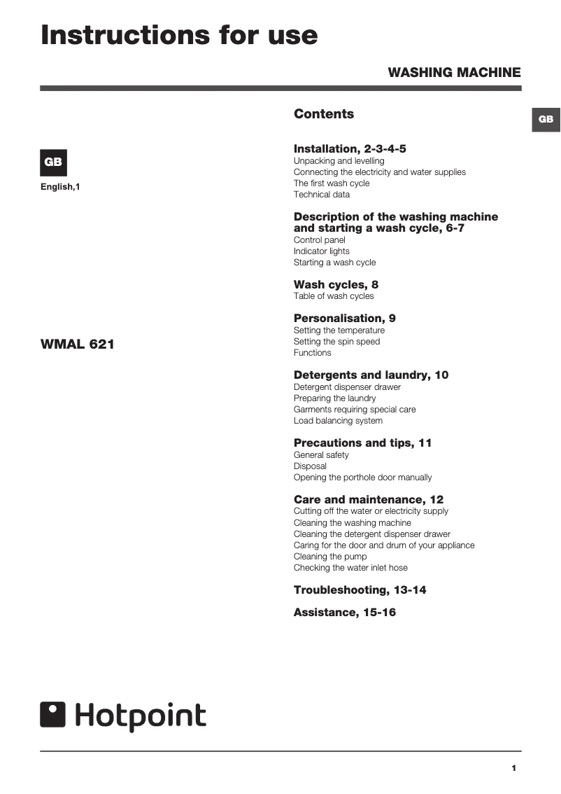 First page image of the manual for WMAL 621