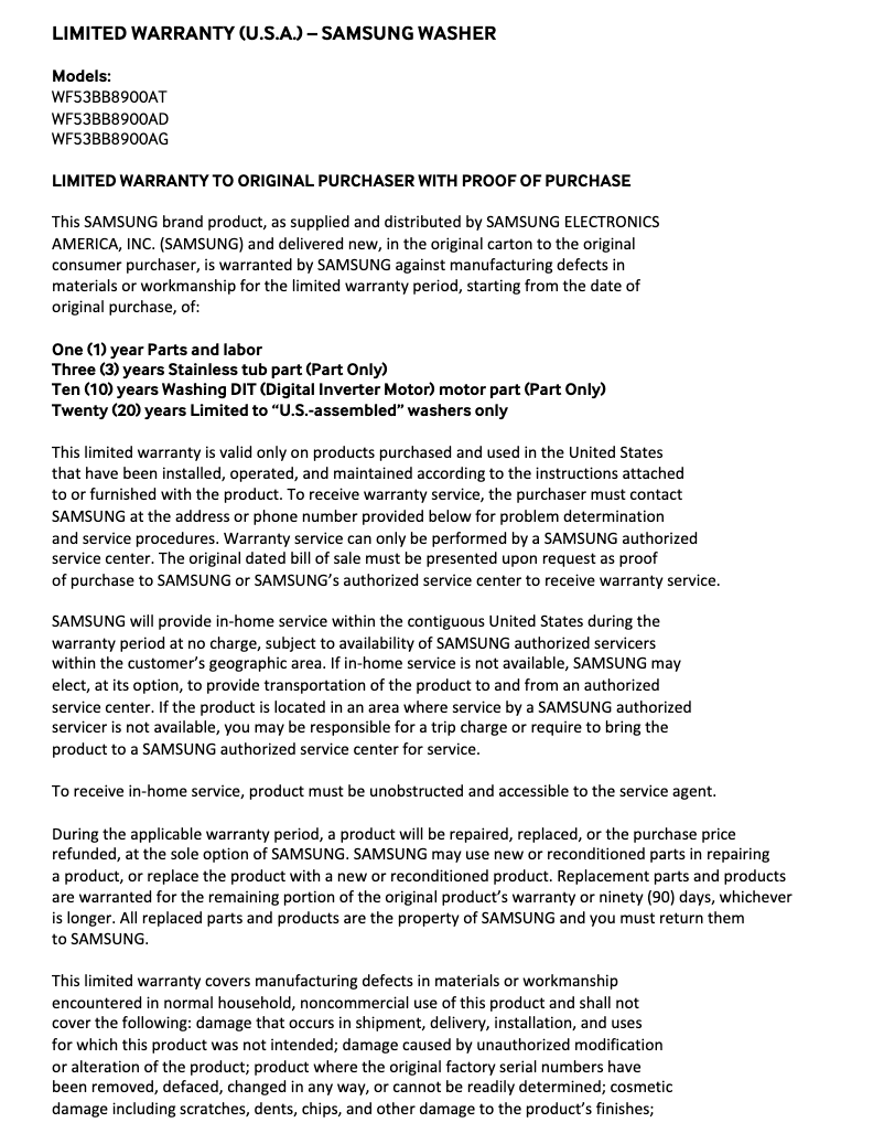 Page 1 of the manual Warranty Information Samsung WF53BB8900AD