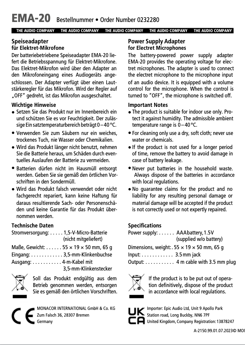 Page 1 of the manual User Manual Monacor EMA-20