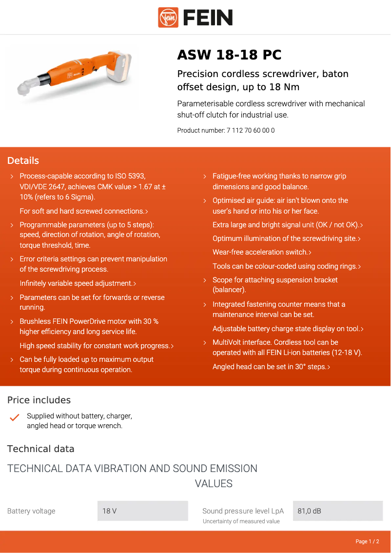 Page 1 of the manual Technical Sheet Fein ASW 18-18 PC