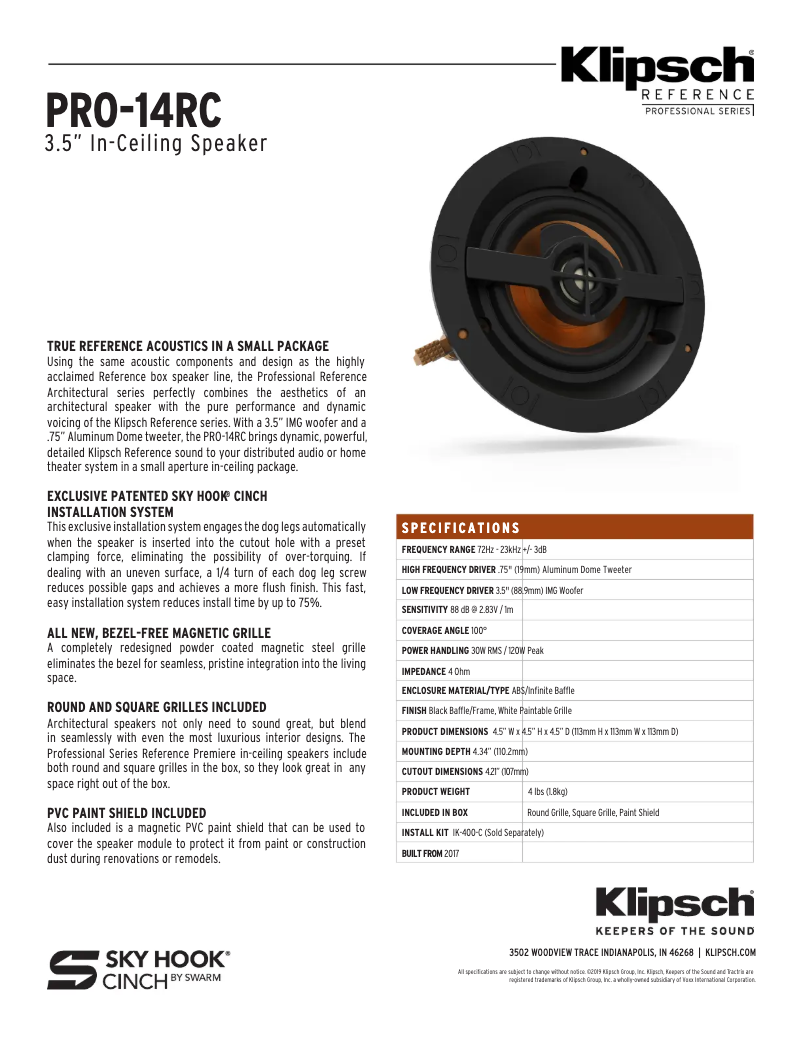Page 1 of the manual Technical Sheet Klipsch PRO-14RC