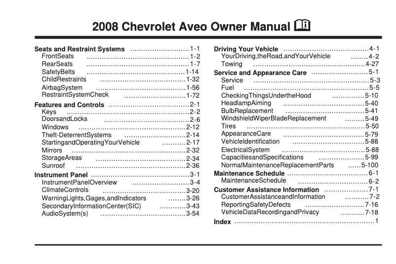 First page image of the manual for Aveo (2008)
