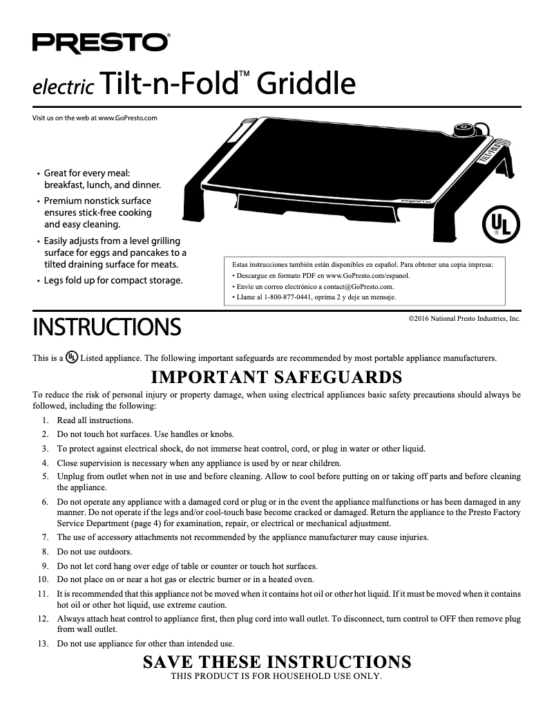 Page 1 of the manual User Manual Presto Tilt-n-Fold 07073