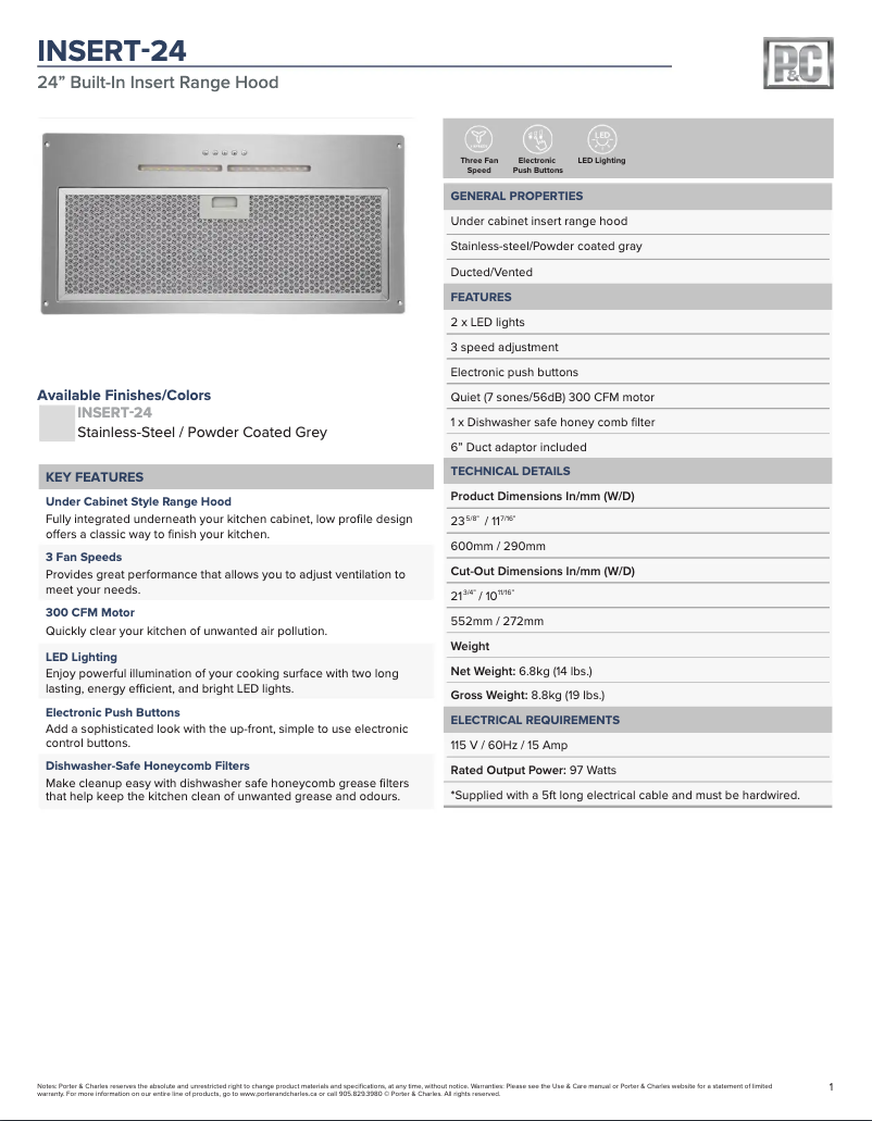Page 1 of the manual Technical Sheet Porter & Charles INSERT-24