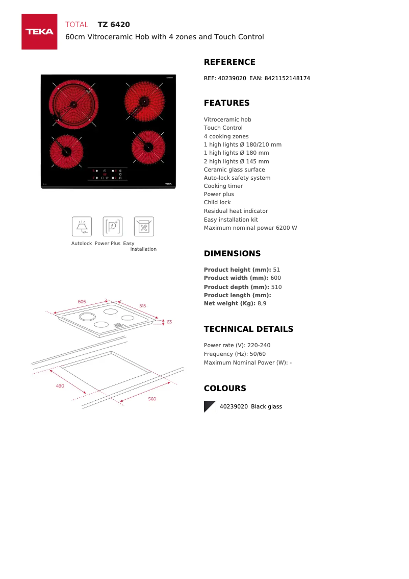 Page 1 of the manual Technical Sheet Teka TZ 6420