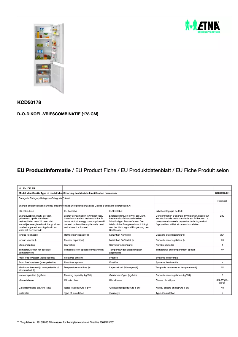 Page 1 of the manual Technical Sheet Etna KCD50178