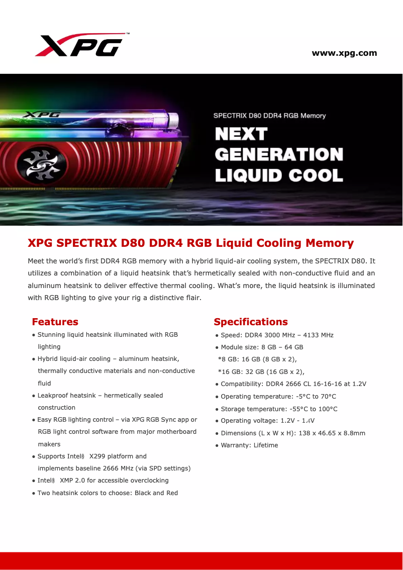 First page image of the manual for XPG DDR4 4133