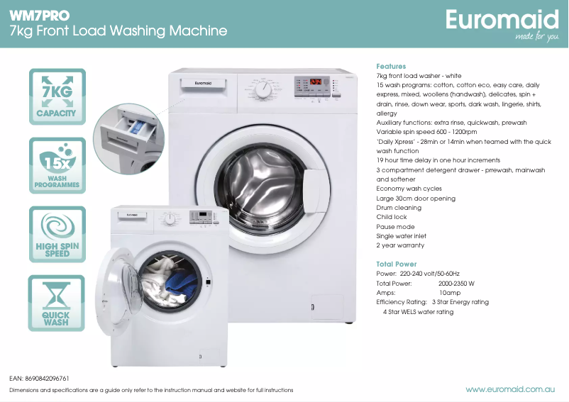 Page 1 of the manual Technical Sheet Euromaid WM7PRO