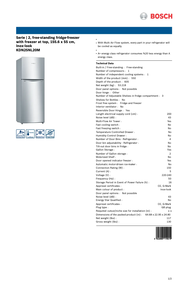 Page 1 of the manual Technical Sheet Bosch KDN25NL20M