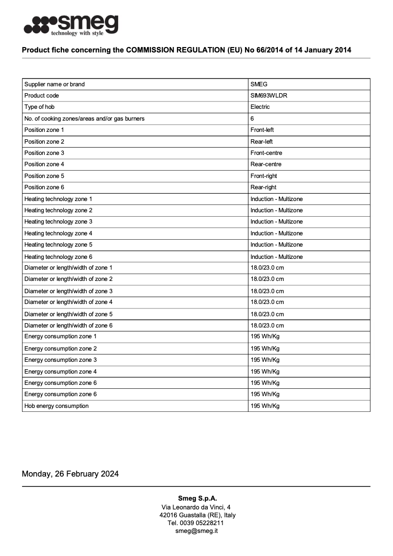 Page 1 of the manual Technical Sheet Smeg SIM693WLDR