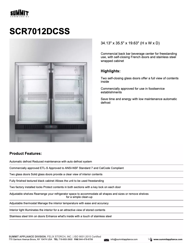 Page 1 of the manual Technical Sheet Summit Commercial SCR7012DCSS
