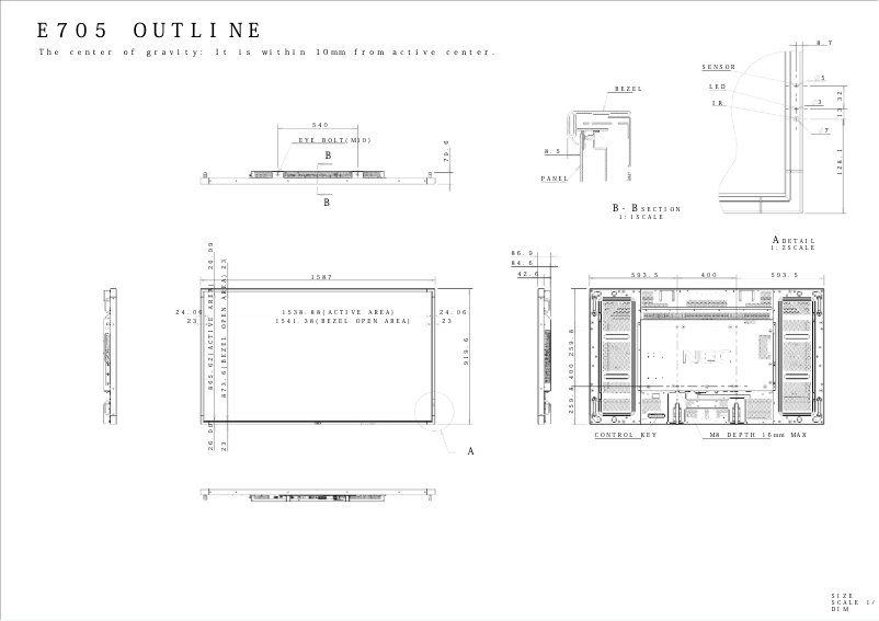Page 1 de la notice Dessin technique NEC MultiSync E705