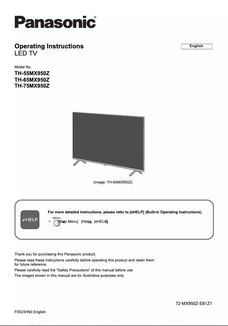 First page image of the manual for TH-65MX950Z