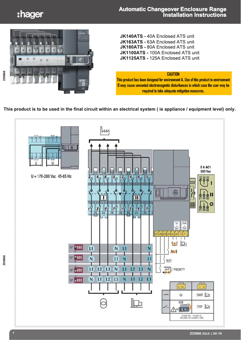 Page 1 of the manual Installation Guide Hager JK140ATS