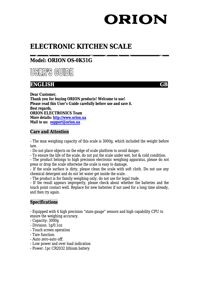 First page image of the manual for OS-0K51G