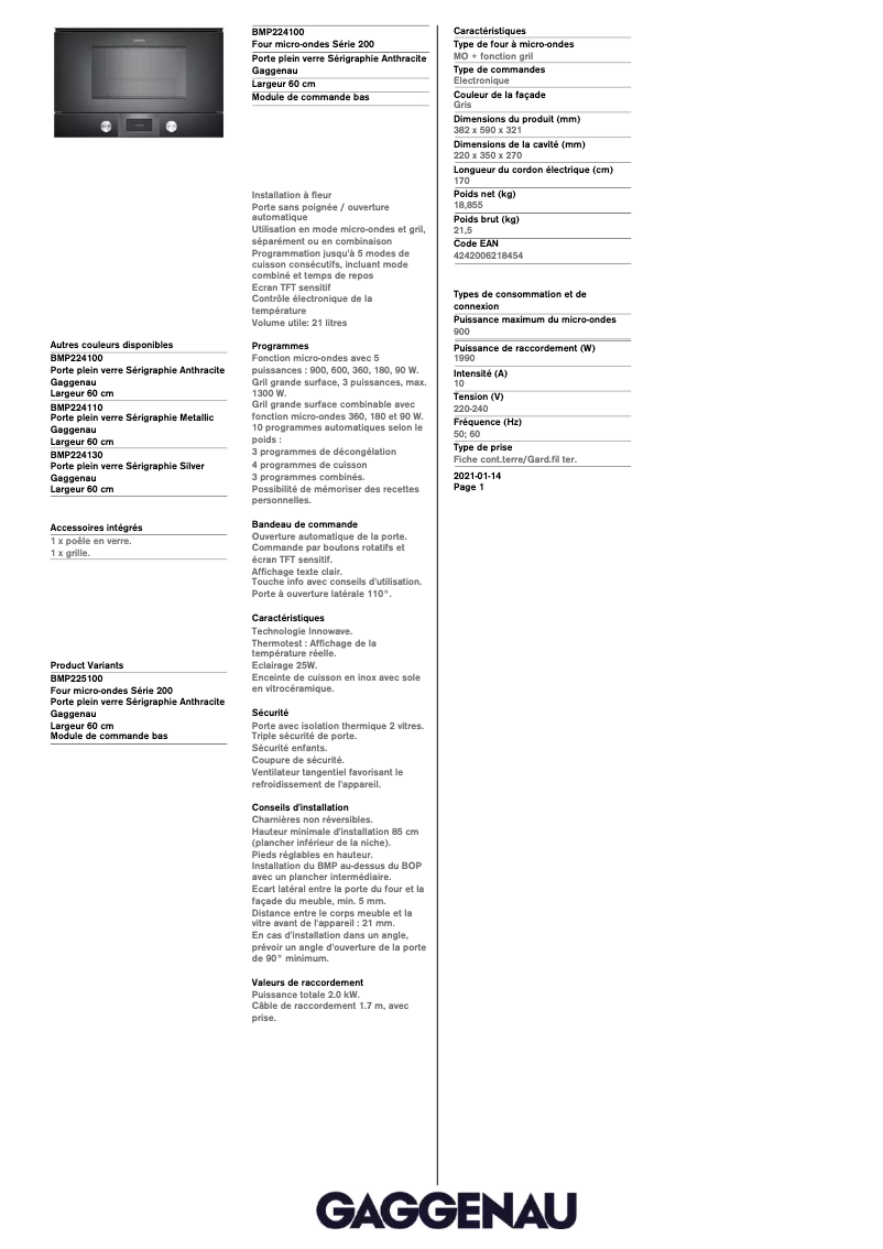 Page 1 of the manual Technical Sheet Gaggenau BMP224100