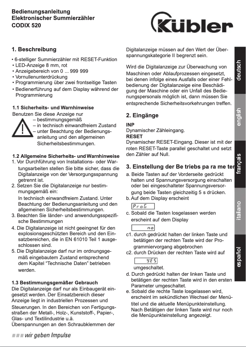 Page 1 of the manual User Manual Kübler CODIX 520