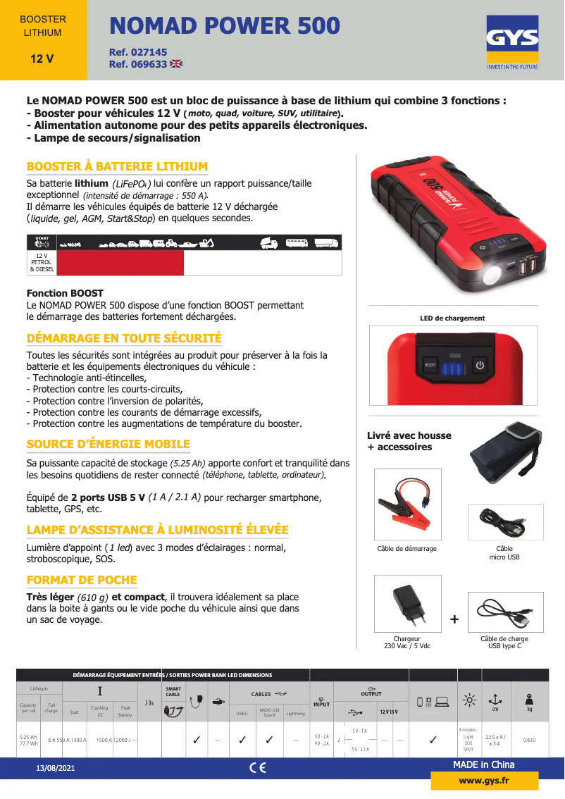 Page 1 of the manual Technical Sheet GYS Nomad Power 500 - UK