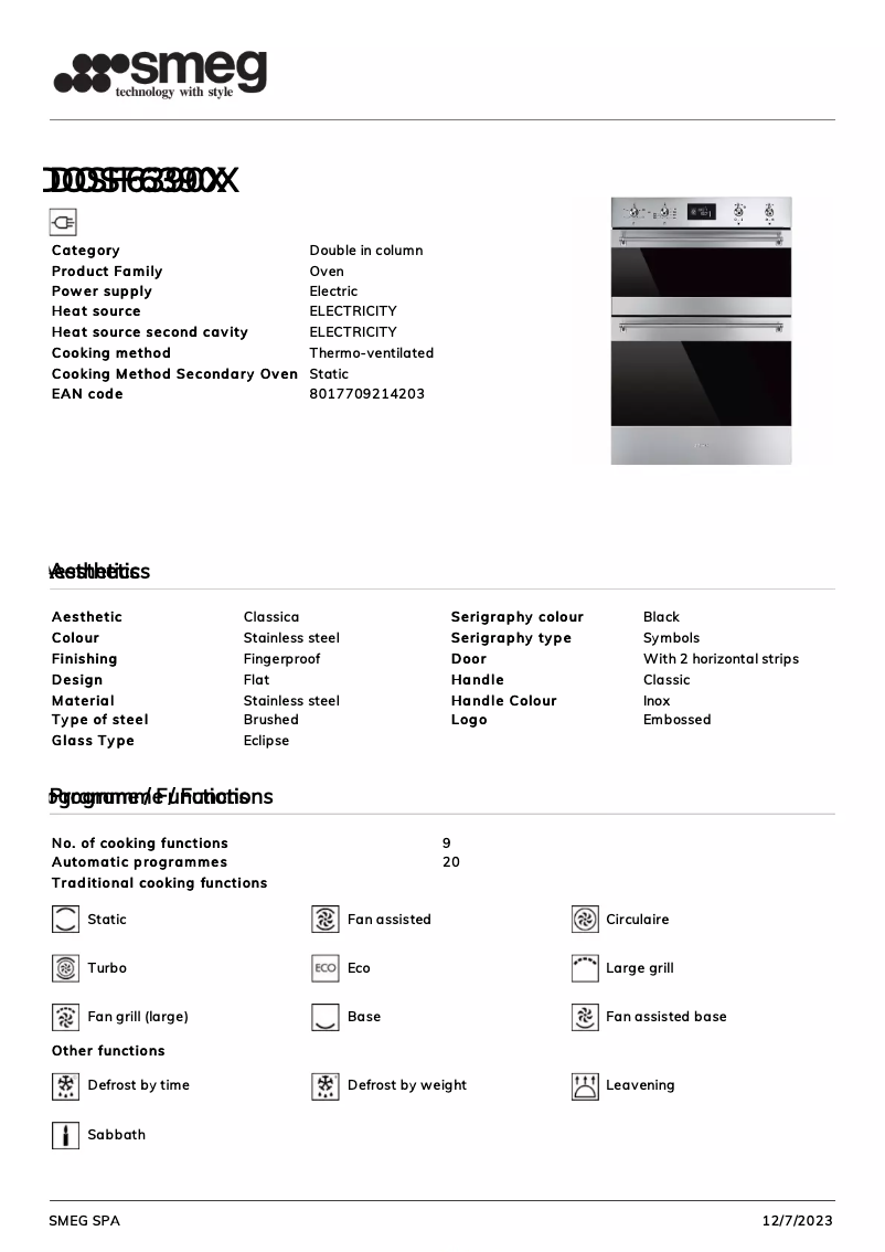 Page 1 of the manual Technical Sheet Smeg DOSF6390X