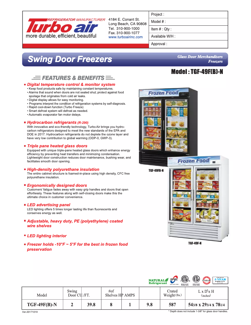 Page 1 of the manual Technical Sheet Turbo air TGF-49F
