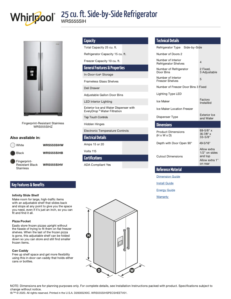 Page 1 of the manual Technical Sheet Whirlpool WRS555SIHW