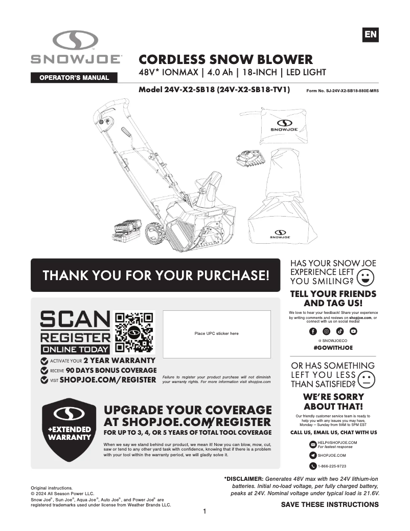 Page 1 of the manual User Manual Snow Joe 24V-X2-SB18