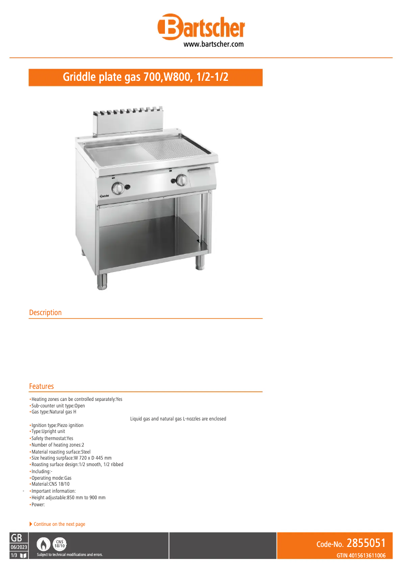 Page 1 of the manual Technical Sheet Bartscher 2855051
