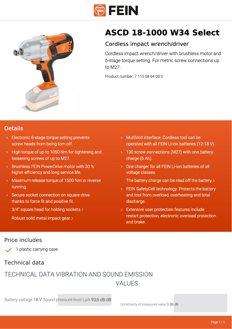 Page 1 of the manual Technical Sheet Fein ASCD 18-1000 W34 Select