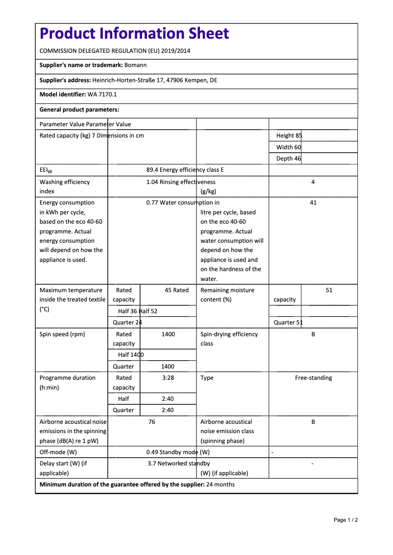 First page image of the manual for WA 7170.1