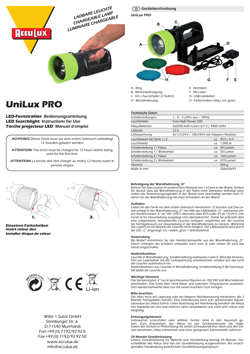 First page image of the manual for UniLux PRO