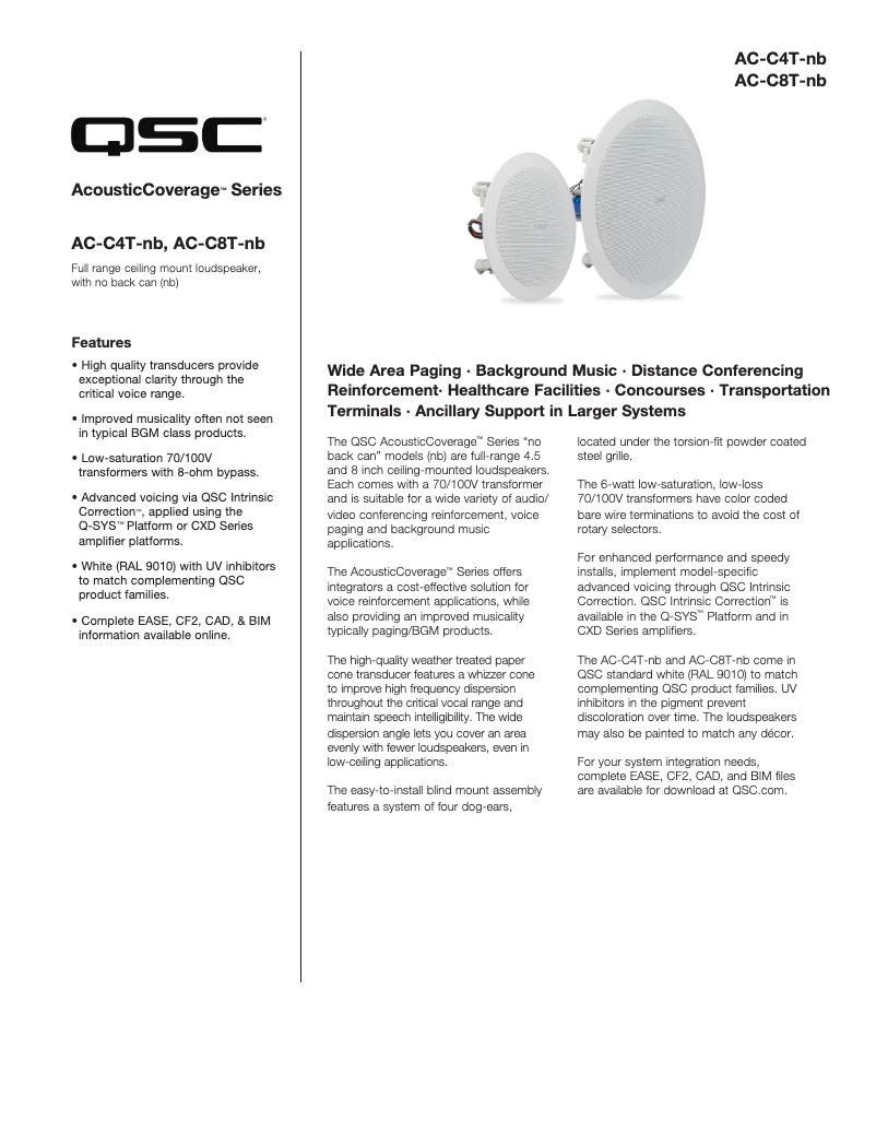 Page 1 of the manual Technical Sheet QSC AcousticCoverage AC-C4T-nb