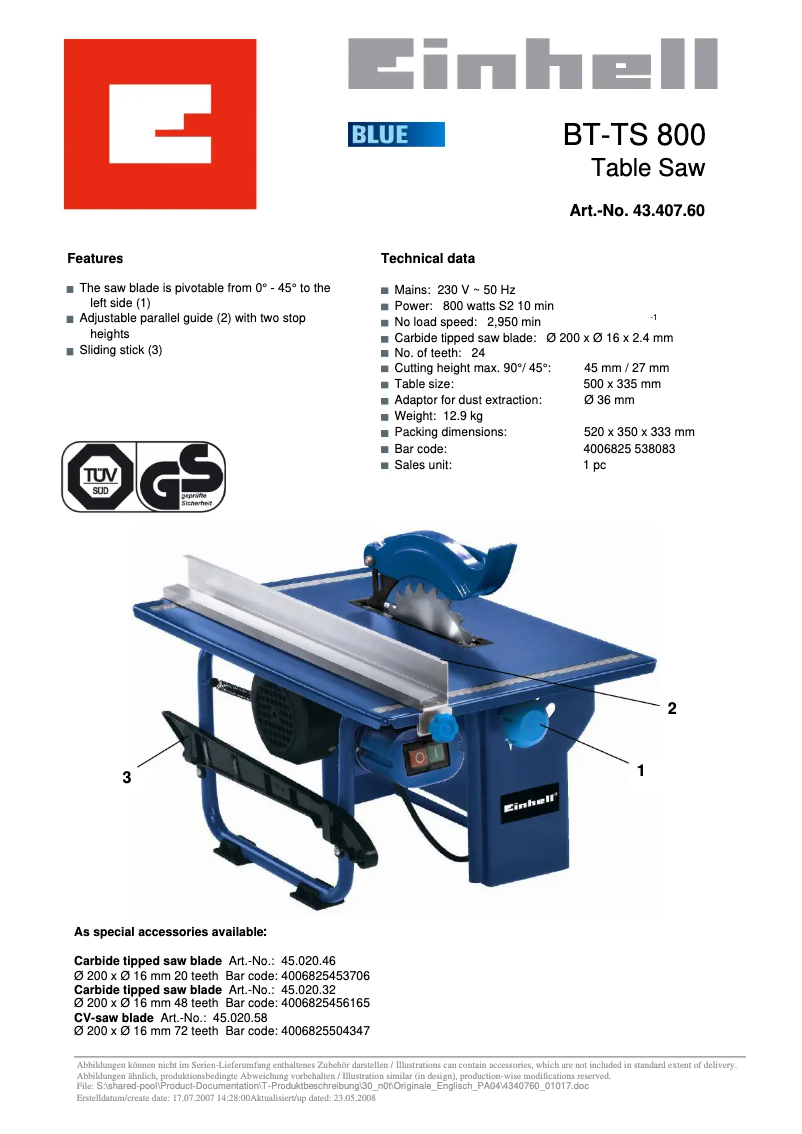 Page 1 of the manual User Manual Einhell BT-TS 800