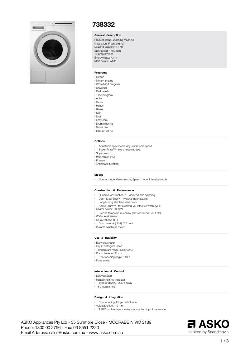 Page 1 of the manual Technical Sheet Asko 738332