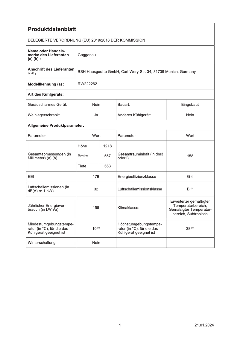 Page 1 de la notice Fiche technique Gaggenau RW222262