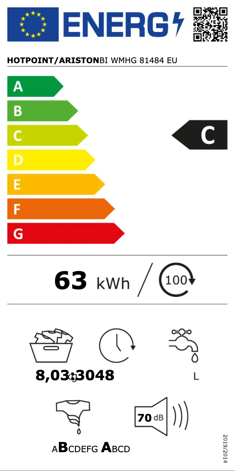 Page 1 of the manual Energy Label Hotpoint BI WMHG 81484 EU